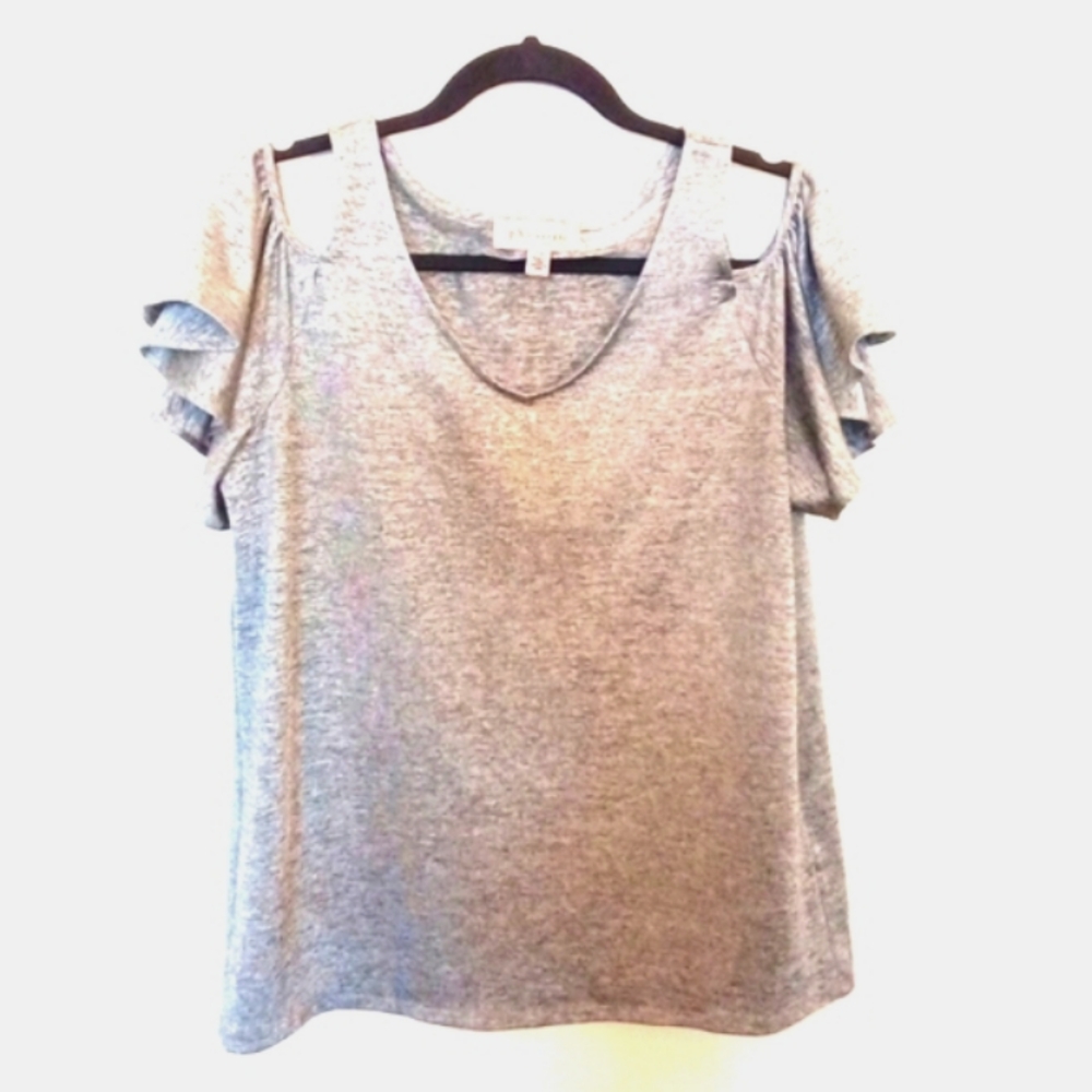 Philosophy Women's Marled Silver Metallic Flutter Sleeve Cold Shoulder Top Large